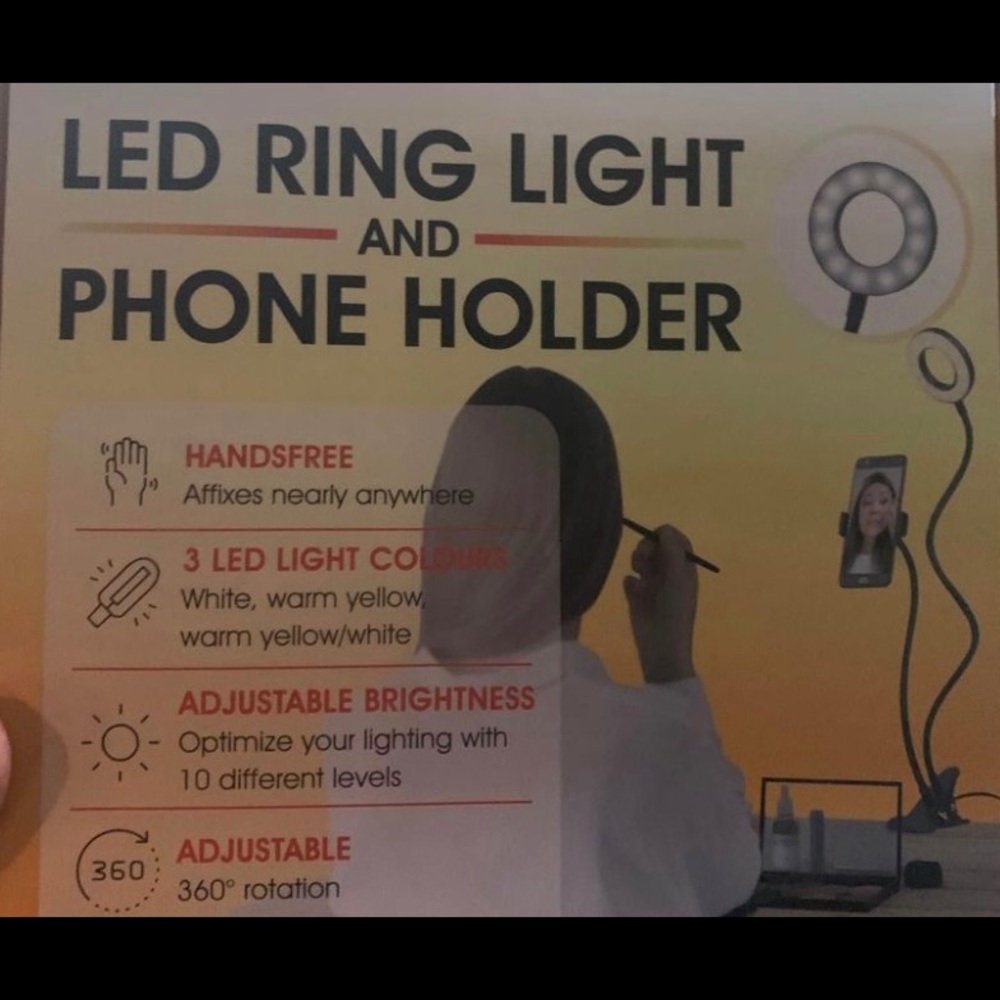 LED ring light and phone holder with3 kind of light,work usb,brand new in box
